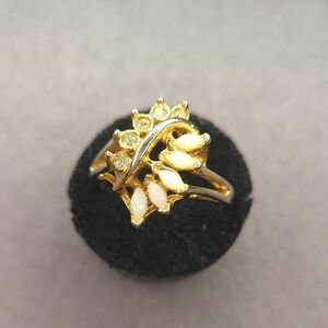 Gold Floral Leaf Ring with White Marquise Accents